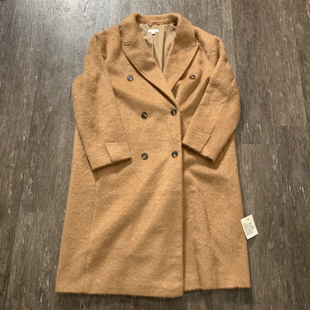 TOPSHOP Camel Fuzzy Double Breasted Wool‎ Blend Coat Size US 12 L